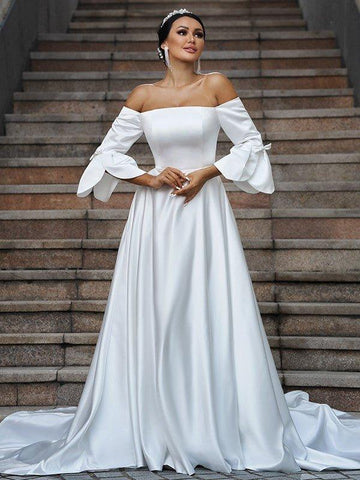 A-Linie/Princess-Linie Charmeuse Rüschen Schulterfrei 3/4 Ärmel Sweep/Pinsel zug Brautkleider