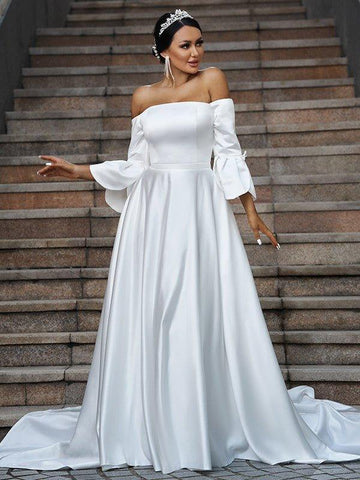 A-Linie/Princess-Linie Charmeuse Rüschen Schulterfrei 3/4 Ärmel Sweep/Pinsel zug Brautkleider