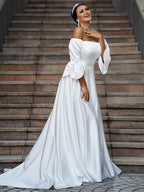 A-Line/Princess Charmeuse Ruffles Off-the-Shoulder 3/4 Sleeves Sweep/Brush Train Wedding Dresses