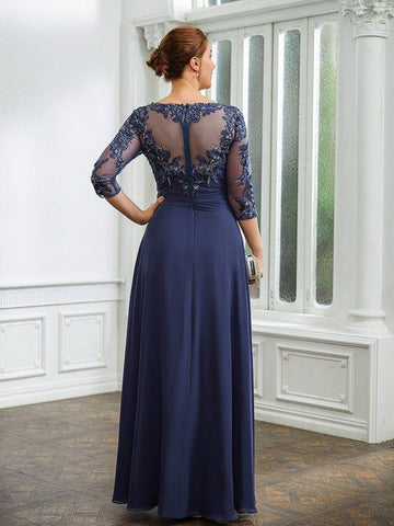 A-Linie/Princess-Linie Chiffon Applikationen Bateau-Ausschnitt 3/4-Ärmel Bodenlang Kleider für die Brautmutter
