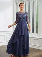 A-Line/Princess Chiffon Applique Bateau 3/4 Sleeves Floor-Length Mother of the Bride Dresses