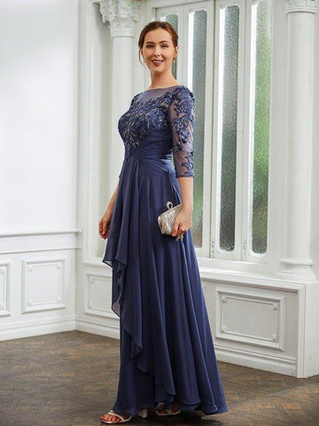 A-Linie/Princess-Linie Chiffon Applikationen Bateau-Ausschnitt 3/4-Ärmel Bodenlang Kleider für die Brautmutter