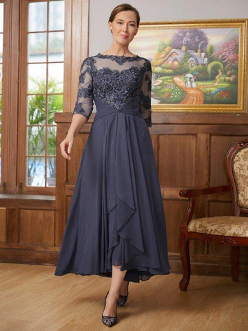 A-Linie/Princess-Linie Chiffon Applikationen U-Ausschnitt 3/4 Ärmel Asymmetrisch Kleider für die Brautmutter
