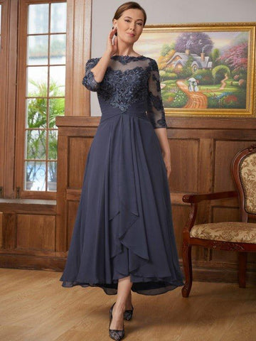 A-Linie/Princess-Linie Chiffon Applikationen U-Ausschnitt 3/4 Ärmel Asymmetrisch Kleider für die Brautmutter