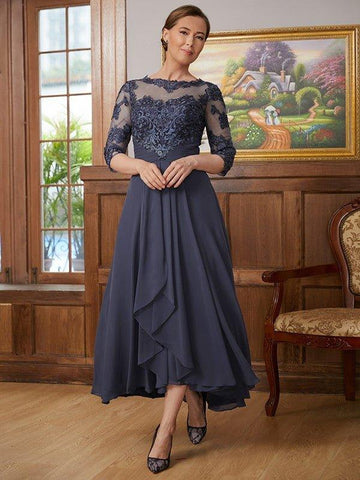 A-Linie/Princess-Linie Chiffon Applikationen U-Ausschnitt 3/4 Ärmel Asymmetrisch Kleider für die Brautmutter