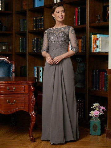 A-Linie/Princess-Linie Chiffon Applikationen U-Ausschnitt 3/4-Ärmel Bodenlang Kleider für die Brautmutter
