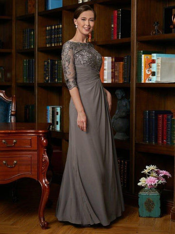A-Linie/Princess-Linie Chiffon Applikationen U-Ausschnitt 3/4-Ärmel Bodenlang Kleider für die Brautmutter