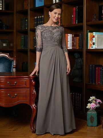 A-Linie/Princess-Linie Chiffon Applikationen U-Ausschnitt 3/4-Ärmel Bodenlang Kleider für die Brautmutter