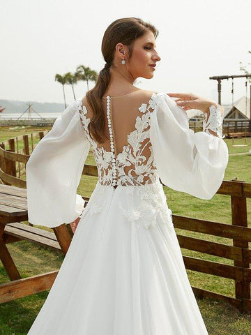 A-Linie/Princess-Linie Chiffon Applikationen U-Ausschnitt Lange Ärmel Kapelle-schleppe Brautkleider
