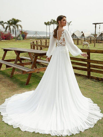 A-Linie/Princess-Linie Chiffon Applikationen U-Ausschnitt Lange Ärmel Kapelle-schleppe Brautkleider