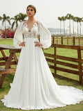 Vestidos de noiva estilo princesa com aplicações em chiffon, decote redondo, mangas compridas e cauda comprida