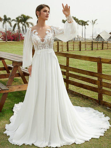 A-Linie/Princess-Linie Chiffon Applikationen U-Ausschnitt Lange Ärmel Kapelle-schleppe Brautkleider