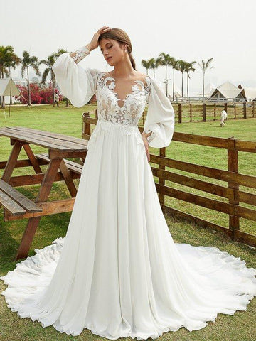 A-Linie/Princess-Linie Chiffon Applikationen U-Ausschnitt Lange Ärmel Kapelle-schleppe Brautkleider