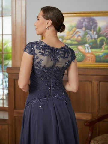 A-Linie/Princess-Linie Chiffon Applikationen U-Ausschnitt Kurze Ärmel Asymmetrisch Kleider für die Brautmutter
