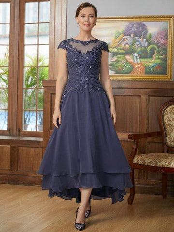 A-Linie/Princess-Linie Chiffon Applikationen U-Ausschnitt Kurze Ärmel Asymmetrisch Kleider für die Brautmutter