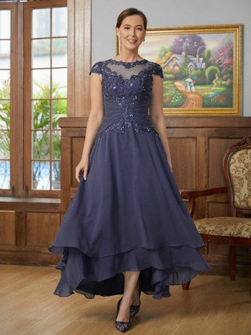 A-Linie/Princess-Linie Chiffon Applikationen U-Ausschnitt Kurze Ärmel Asymmetrisch Kleider für die Brautmutter