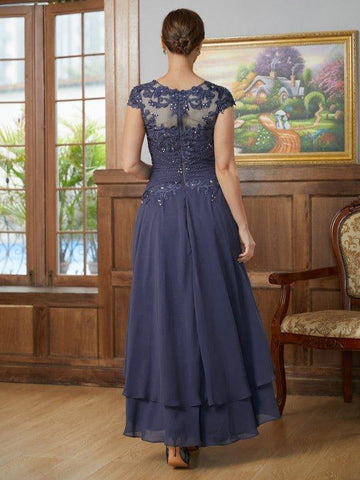 A-Linie/Princess-Linie Chiffon Applikationen U-Ausschnitt Kurze Ärmel Asymmetrisch Kleider für die Brautmutter