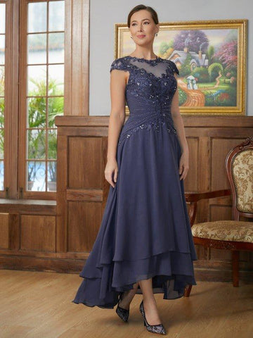A-Linie/Princess-Linie Chiffon Applikationen U-Ausschnitt Kurze Ärmel Asymmetrisch Kleider für die Brautmutter