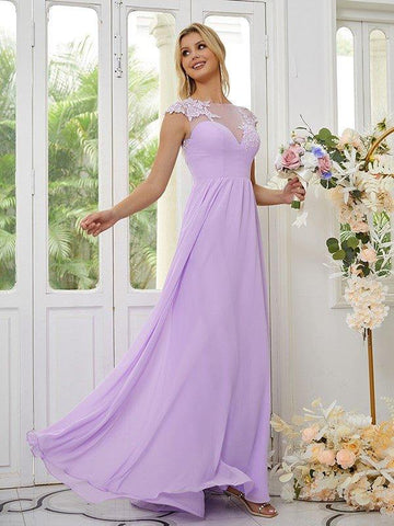 A-Linie/Princess-Linie Chiffon Applikationen U-Ausschnitt Kurze Ärmel Bodenlang Brautjungfernkleider