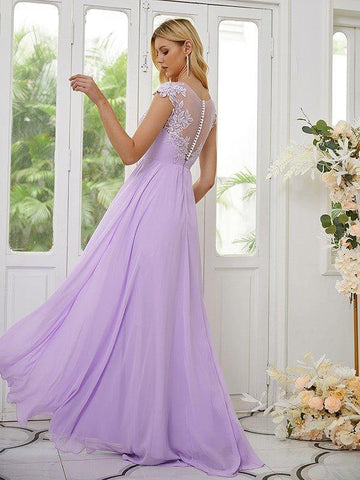 A-Linie/Princess-Linie Chiffon Applikationen U-Ausschnitt Kurze Ärmel Bodenlang Brautjungfernkleider