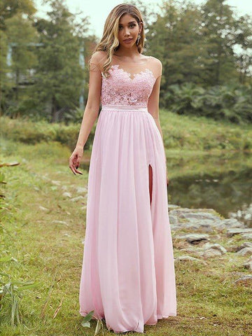 A-Linie/Princess-Linie Chiffon Applikationen U-Ausschnitt Kurze Ärmel Bodenlang Brautjungfernkleider