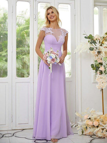 A-Linie/Princess-Linie Chiffon Applikationen U-Ausschnitt Kurze Ärmel Bodenlang Brautjungfernkleider