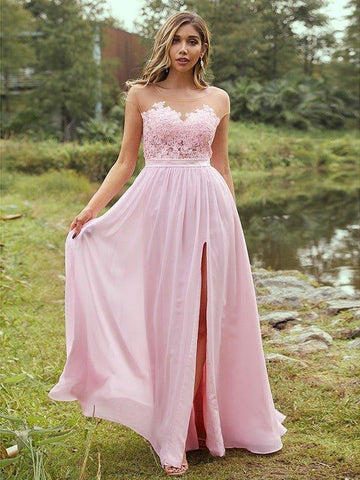 A-Linie/Princess-Linie Chiffon Applikationen U-Ausschnitt Kurze Ärmel Bodenlang Brautjungfernkleider
