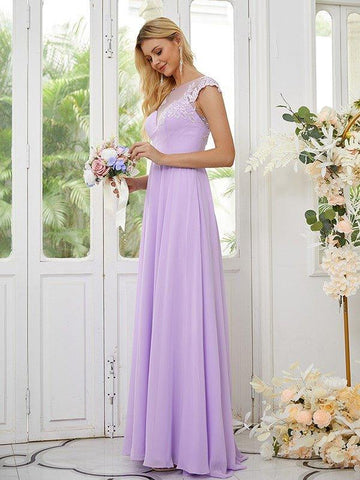 A-Linie/Princess-Linie Chiffon Applikationen U-Ausschnitt Kurze Ärmel Bodenlang Brautjungfernkleider