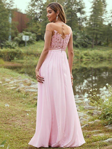 A-Linie/Princess-Linie Chiffon Applikationen U-Ausschnitt Kurze Ärmel Bodenlang Brautjungfernkleider