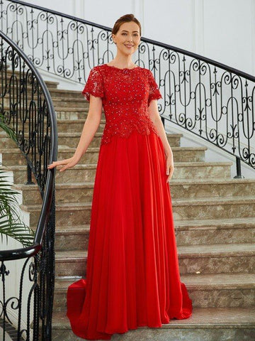 A-Linie/Princess-Linie Chiffon Applikationen U-Ausschnitt Kurze Ärmel Sweep/Pinsel zug Kleider für die Brautmutter
