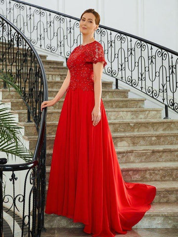 A-Linie/Princess-Linie Chiffon Applikationen U-Ausschnitt Kurze Ärmel Sweep/Pinsel zug Kleider für die Brautmutter