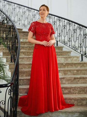 A-Linie/Princess-Linie Chiffon Applikationen U-Ausschnitt Kurze Ärmel Sweep/Pinsel zug Kleider für die Brautmutter