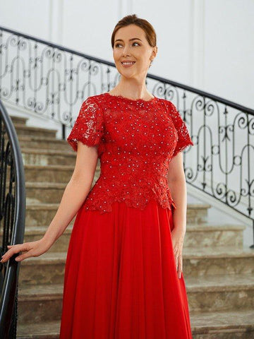 A-Linie/Princess-Linie Chiffon Applikationen U-Ausschnitt Kurze Ärmel Sweep/Pinsel zug Kleider für die Brautmutter