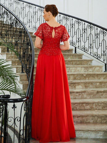 A-Linie/Princess-Linie Chiffon Applikationen U-Ausschnitt Kurze Ärmel Sweep/Pinsel zug Kleider für die Brautmutter