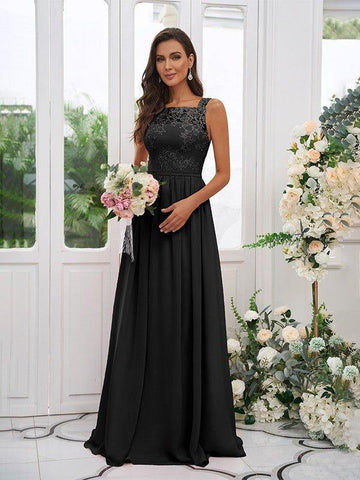 A-Linie/Princess-Linie Chiffon Applikationen Rechteckiger Ausschnitt Ärmellos Bodenlang Brautjungfernkleider