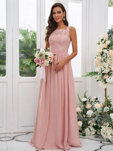 A-Linie/Princess-Linie Chiffon Applikationen Rechteckiger Ausschnitt Ärmellos Bodenlang Brautjungfernkleider