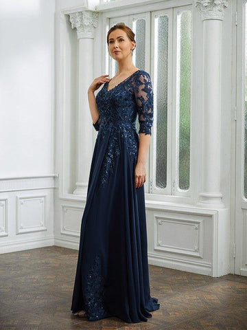 A-Linie/Princess-Linie Chiffon Applikationen V-Ausschnitt 3/4-Ärmel Bodenlang Kleider für die Brautmutter