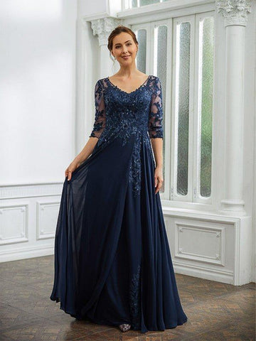 A-Linie/Princess-Linie Chiffon Applikationen V-Ausschnitt 3/4-Ärmel Bodenlang Kleider für die Brautmutter