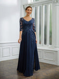 A-Linie/Princess-Linie Chiffon Applikationen V-Ausschnitt 3/4-Ärmel Bodenlang Kleider für die Brautmutter