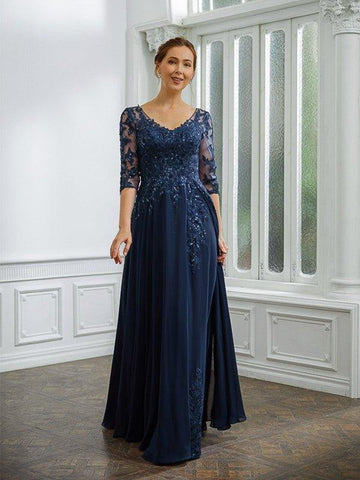 A-Linie/Princess-Linie Chiffon Applikationen V-Ausschnitt 3/4-Ärmel Bodenlang Kleider für die Brautmutter