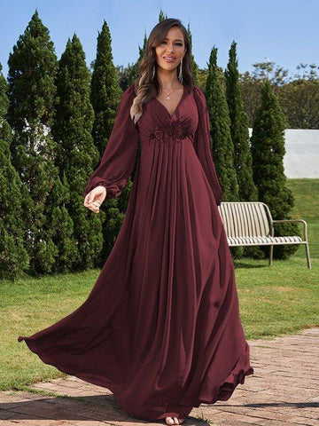 A-Linie/Princess-Linie Chiffon Applikationen V-Ausschnitt Lange Ärmel Bodenlang Brautjungfernkleider
