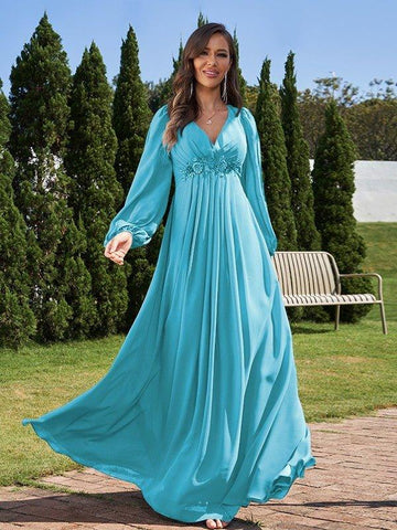 A-Linie/Princess-Linie Chiffon Applikationen V-Ausschnitt Lange Ärmel Bodenlang Brautjungfernkleider