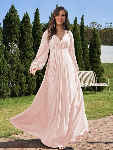 A-Linie/Princess-Linie Chiffon Applikationen V-Ausschnitt Lange Ärmel Bodenlang Brautjungfernkleider