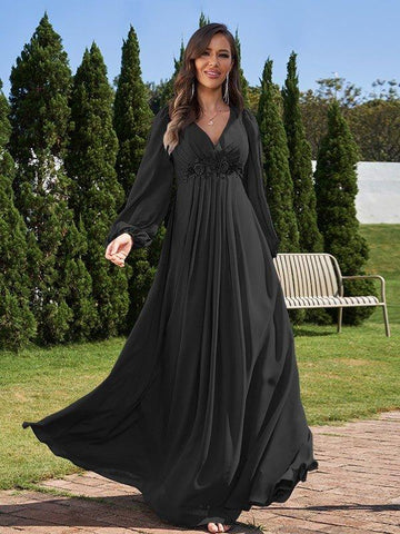 A-Linie/Princess-Linie Chiffon Applikationen V-Ausschnitt Lange Ärmel Bodenlang Brautjungfernkleider