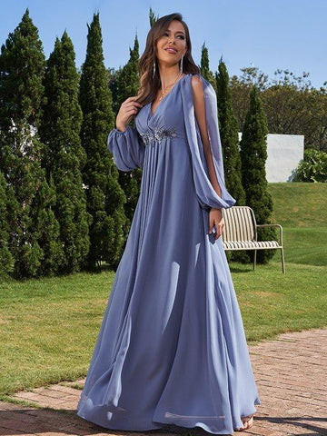 A-Linie/Princess-Linie Chiffon Applikationen V-Ausschnitt Lange Ärmel Bodenlang Brautjungfernkleider