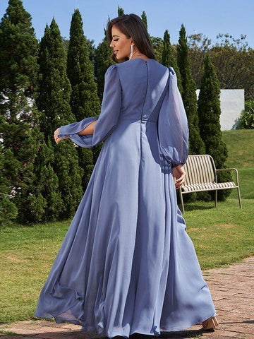 A-Linie/Princess-Linie Chiffon Applikationen V-Ausschnitt Lange Ärmel Bodenlang Brautjungfernkleider