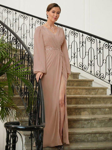 A-Linie/Princess-Linie Chiffon Applikationen V-Ausschnitt Lange Ärmel Bodenlang Kleider für die Brautmutter