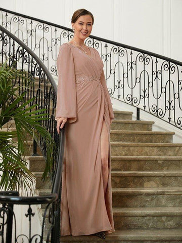 A-Linie/Princess-Linie Chiffon Applikationen V-Ausschnitt Lange Ärmel Bodenlang Kleider für die Brautmutter