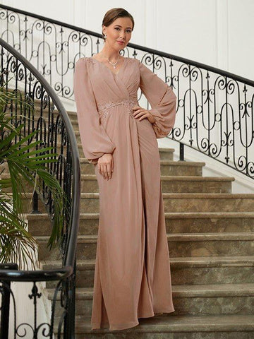 A-Linie/Princess-Linie Chiffon Applikationen V-Ausschnitt Lange Ärmel Bodenlang Kleider für die Brautmutter