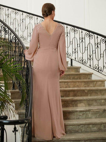 A-Linie/Princess-Linie Chiffon Applikationen V-Ausschnitt Lange Ärmel Bodenlang Kleider für die Brautmutter